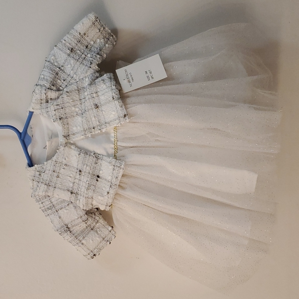 Pippa & Julie sparkle dress cream and gold, 3 piece, size 3mo.